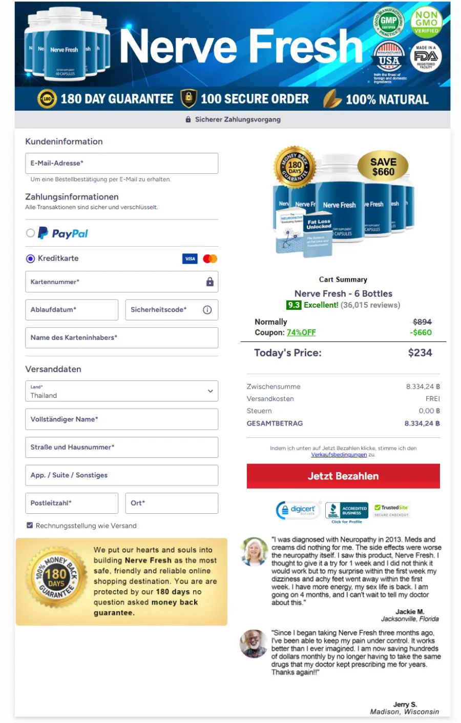 Nerve Fresh secure payment checkout page with encrypted protection and safe payment gateway for secure online purchase and personal data safety